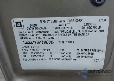 2001 Chevrolet Silverado 1500 Ls from USA, damaged, VIN 1GCEK19T61Z103505